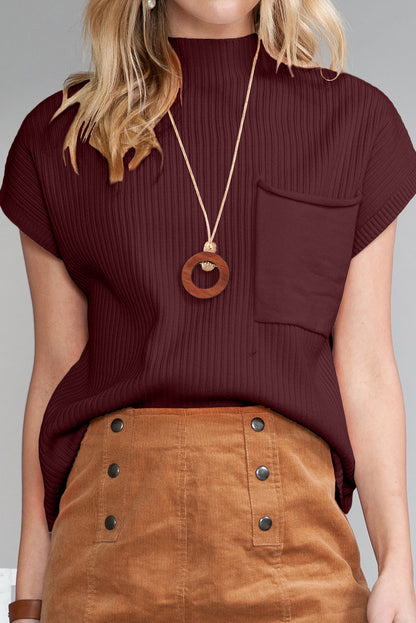 Patch Pocket Ribbed Knit Short Sleeve Sweater