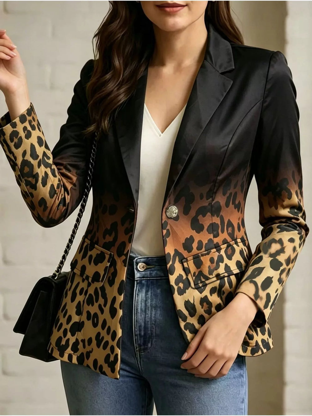 Leopard Print Contrast Long Sleeve Blazer