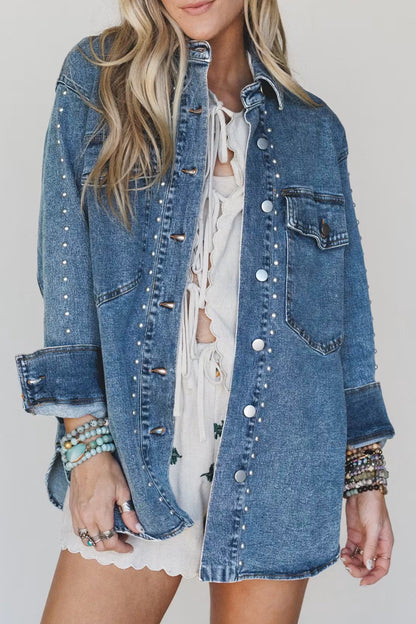 Rivet Embellished Long Sleeve Denim Shacket