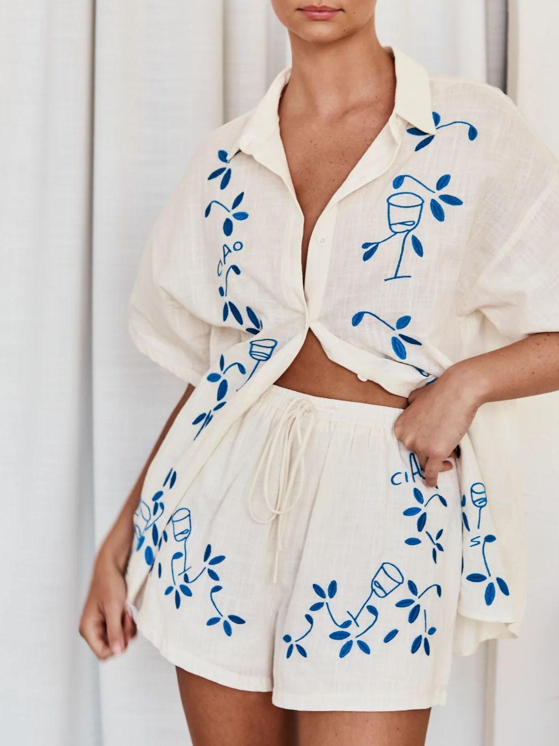 Embroidered Button Up Half Sleeve Top and Shorts Set