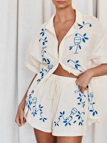 Embroidered Button Up Half Sleeve Top and Shorts Set