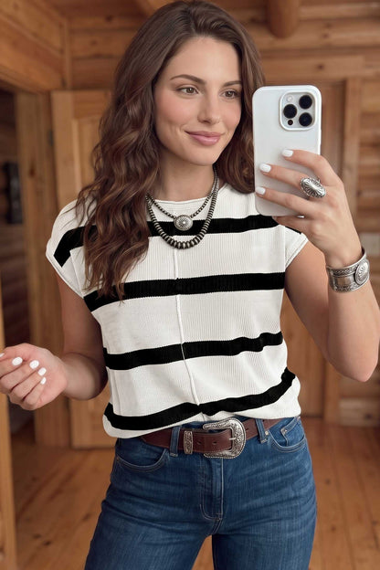 Rose Stripe Knit Western Short Sleeve Sweater