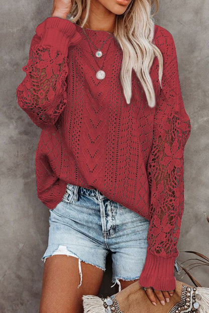 Openwork Round Neck Long Sleeve Sweater