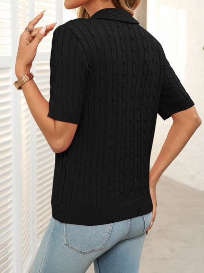 Cable Knit Johnny Collar Half Sleeve Sweater