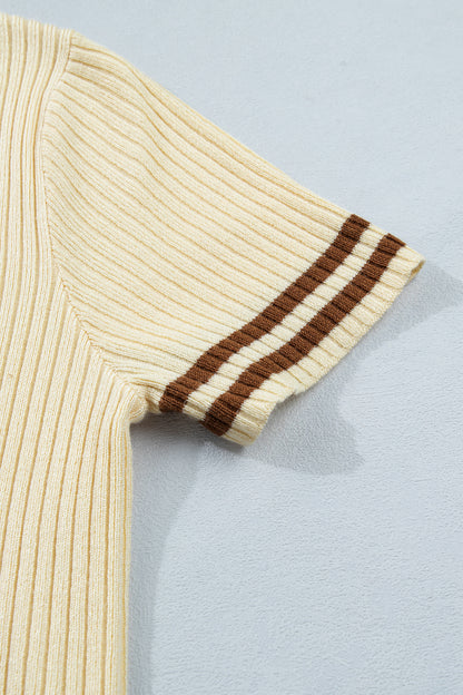 Ribbed Knit Striped Trim Short Sleeve Sweater