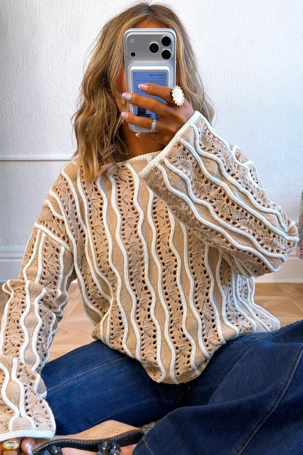Pink Wavy Detail Hollow Out Knit Long Sleeve Cotton Pullover Sweater