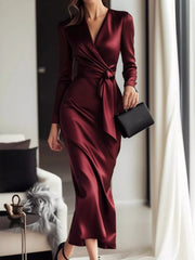 Long Sleeve Satin Wrap Midi Dress