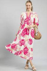 Umgee Floral Print Rayon Dress with Contrast Trim