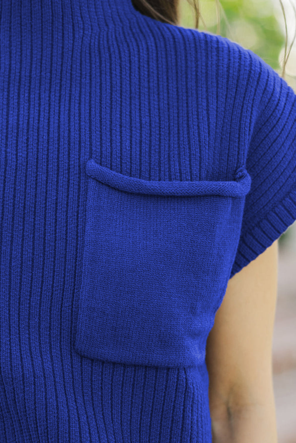Patch Pocket Ribbed Knit Short Sleeve Sweater