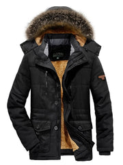 Men's Zip Up Long Sleeve Puffer Coat with Faux Fur Hood