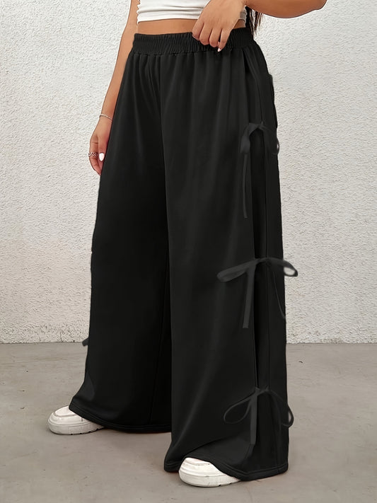 Bow Elastic Waist Wide Leg Pants