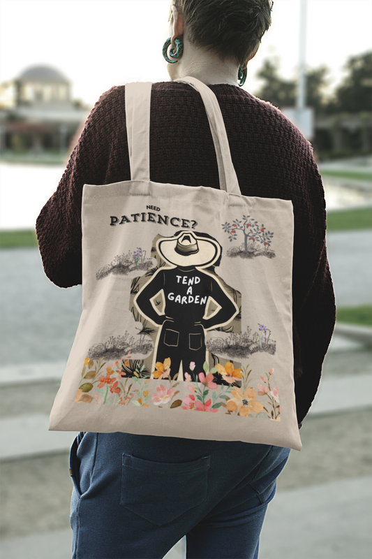 Need Patience? Tend A Garden Canvas Tote Bag, Garden Canvas Tote Bag, Gardener Gift, Plant Lover, Reusable Shopping Bag, Eco-Friendly Tote, Mother's Day Gift, Farmer Market Tote