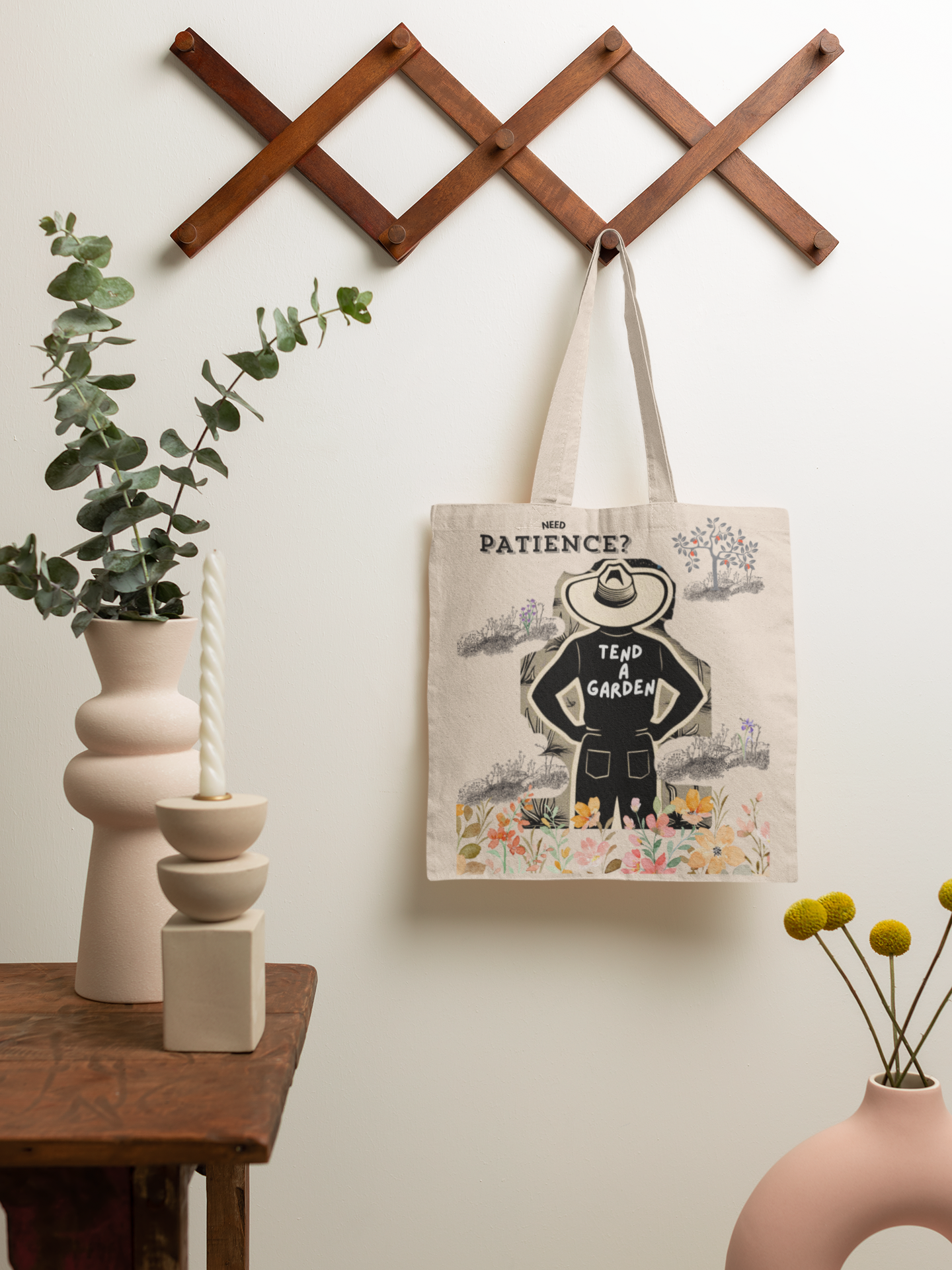 Need Patience? Tend A Garden Canvas Tote Bag, Garden Canvas Tote Bag, Gardener Gift, Plant Lover, Reusable Shopping Bag, Eco-Friendly Tote, Mother's Day Gift, Farmer Market Tote