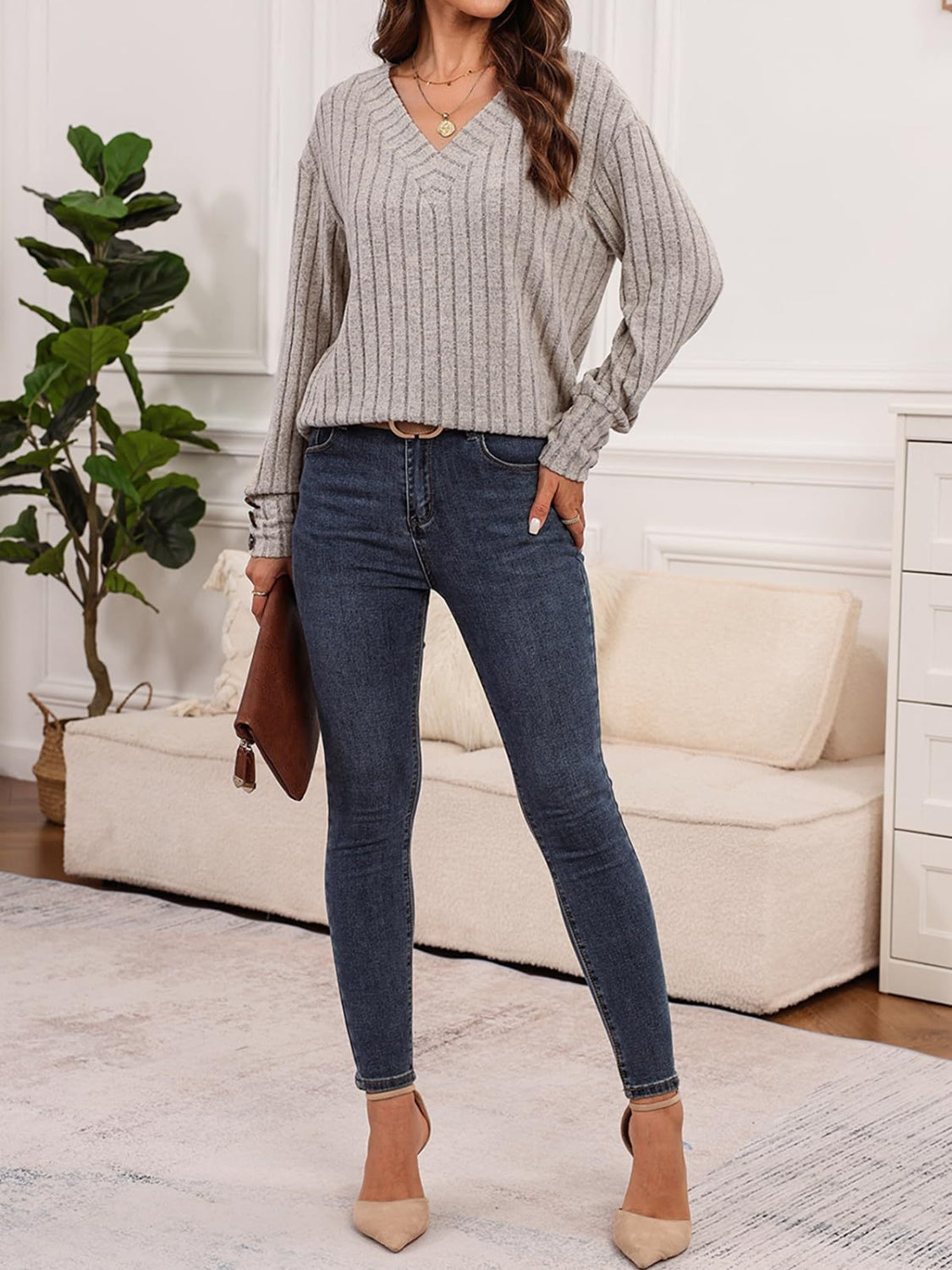 Ribbed V-Neck Long Sleeve Top