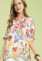 Watercolor Floral Print Top with High-Low Hem