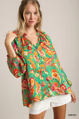 Umgee Satin Paisley Ruffle Neck Button-Up Shirt