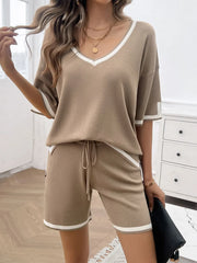 Viscose Contrast Trim V-Neck Top and Shorts Set