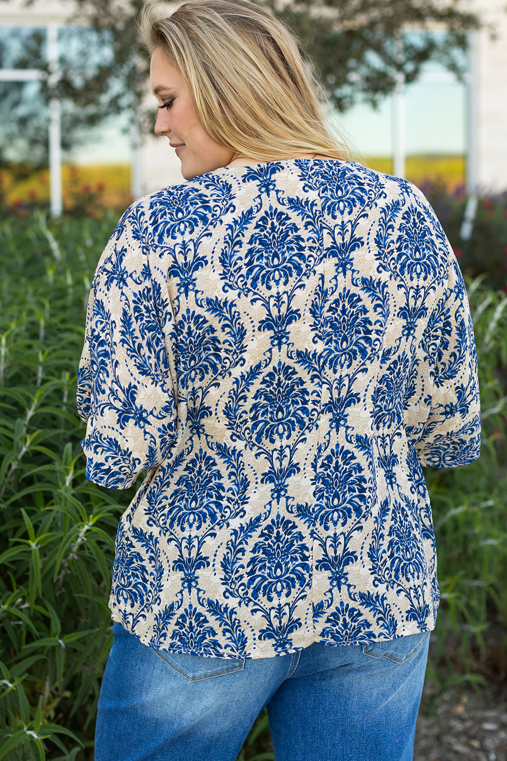 Blue Plus Size Ethnic Printed 3/4 Sleeve V Neck Loose Blouse