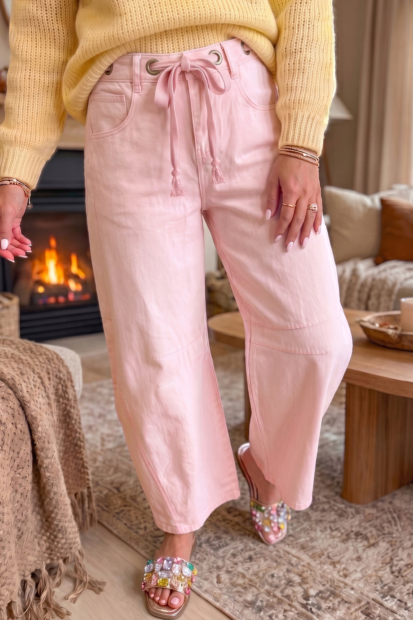 Grommet Detail Knot Waist Barrel Jeans
