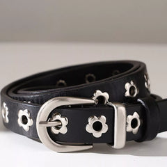 Leather Floral-Embellished Belt