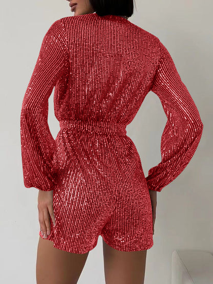 Sequin Surplice Tie Waist Long Sleeve Romper