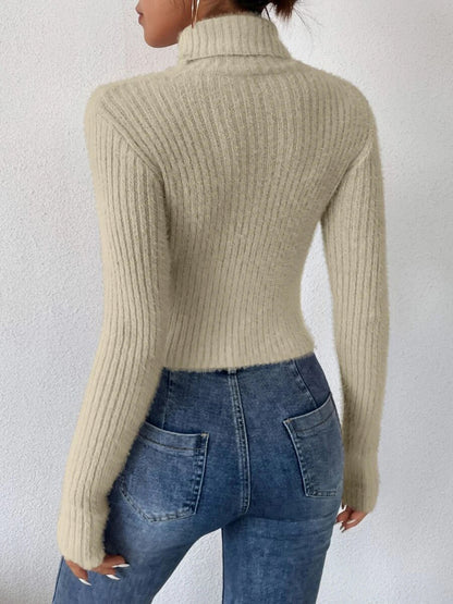 Cropped Ribbed Turtleneck Long Sleeve Sweater