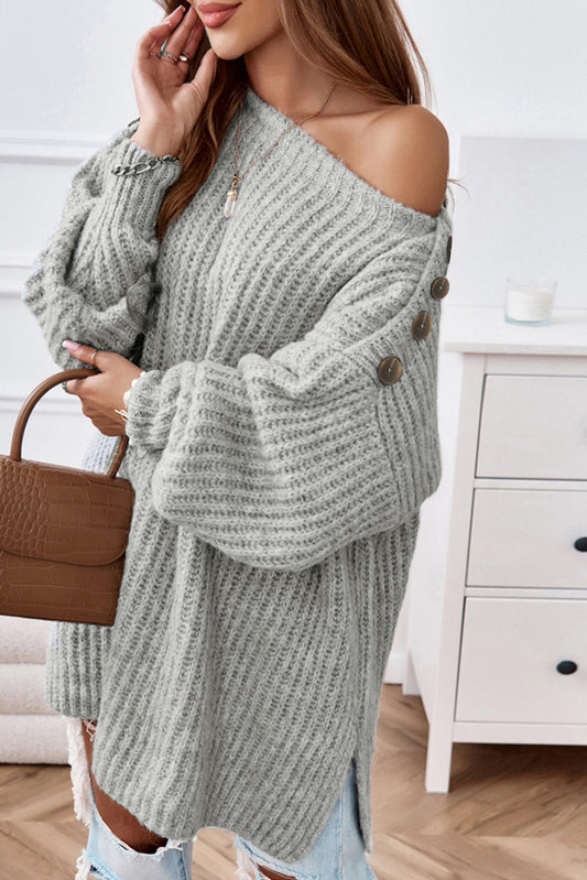 Long Buttoned Boat Neck Side Slit Sweater