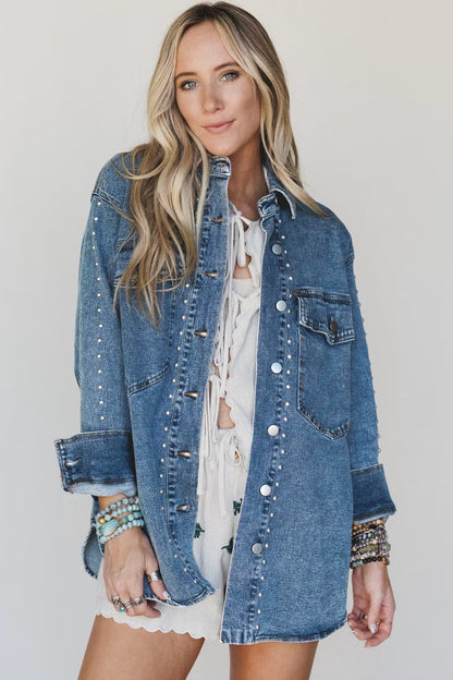 Rivet Embellished Long Sleeve Denim Shacket
