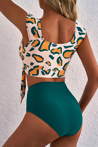 Green Leopard Print U Neck Knotted High Waist Bikini Set