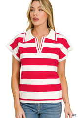 Zenana Striped Collared Short Sleeve Sweater