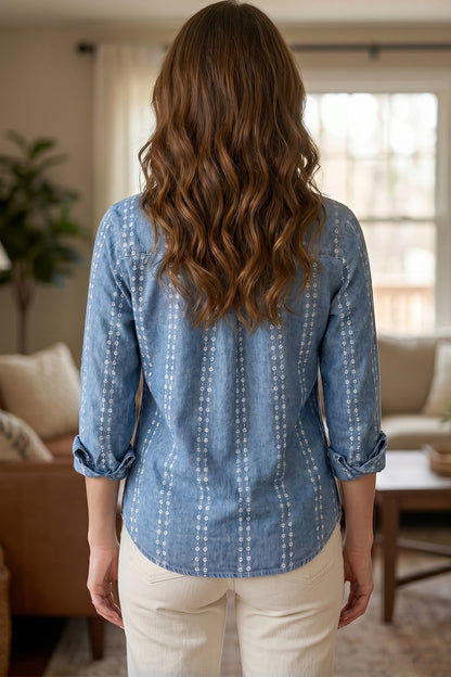 Floral Print Button-Down Denim Shirt