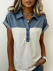 Color Block Denim Patchwork Polo Top
