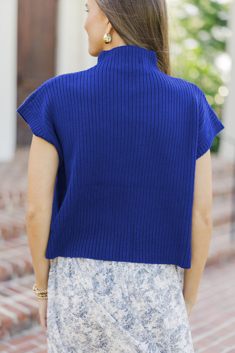Patch Pocket Ribbed Knit Short Sleeve Sweater