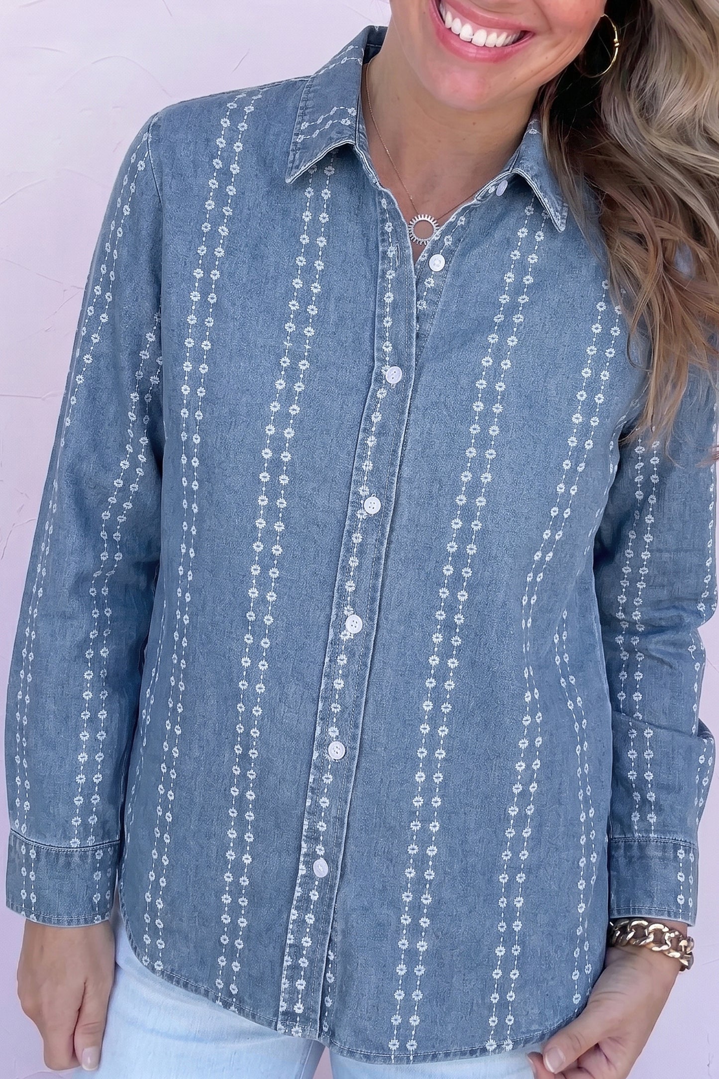 Floral Print Button-Down Denim Shirt