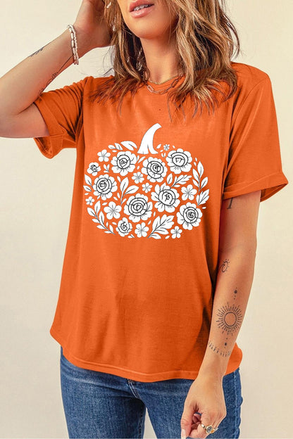Pumpkin Graphic Cuffed Sleeve Casual T Shirt