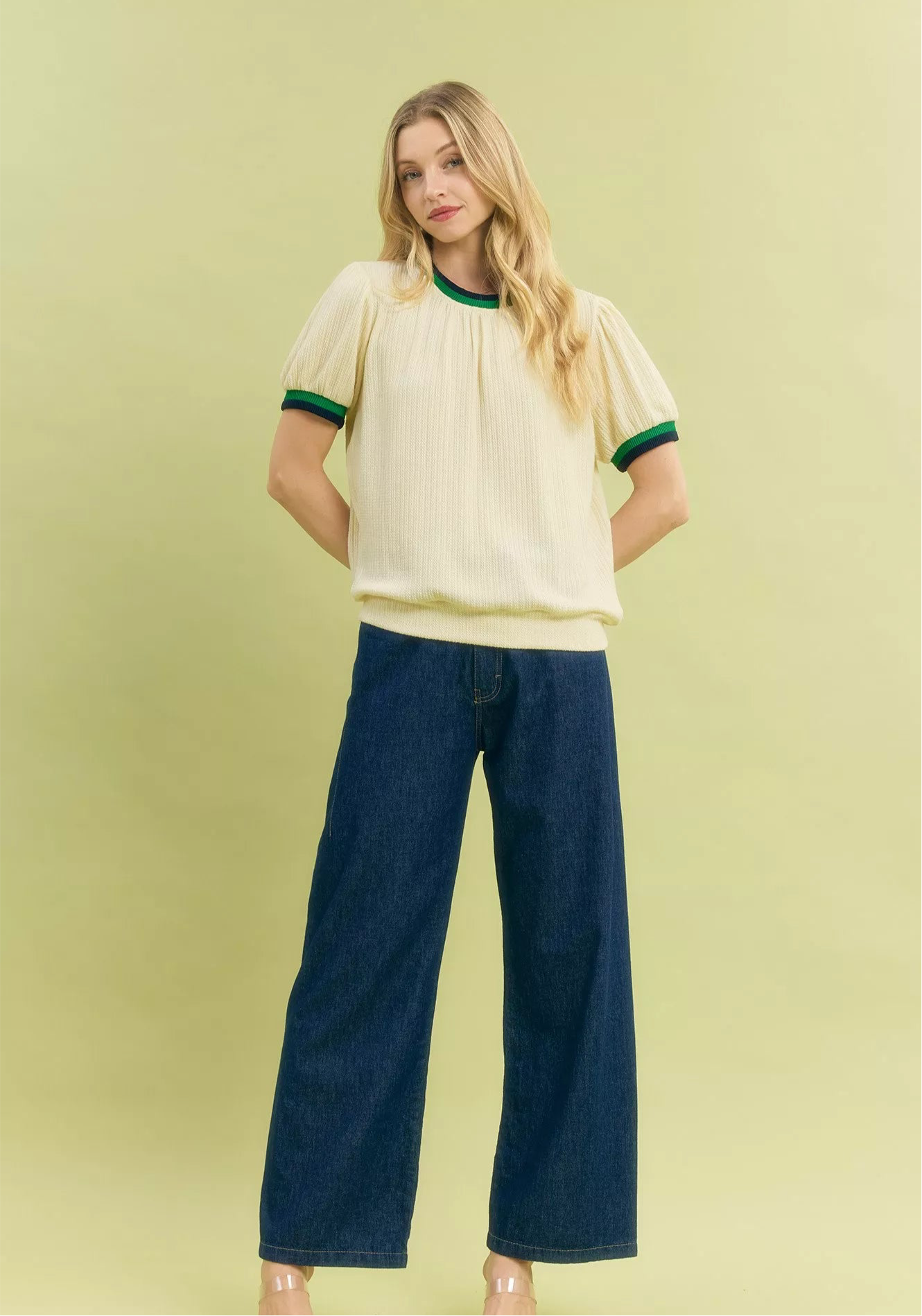 Puff Sleeve Knit Top with Contrast Rib Trim