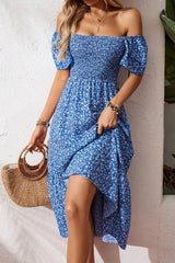 Floral Print Smocked Ruffle Short Sleeve Dress