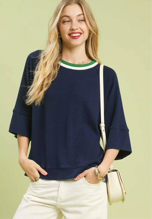 Ribbed Knit Top with Contrast Trim