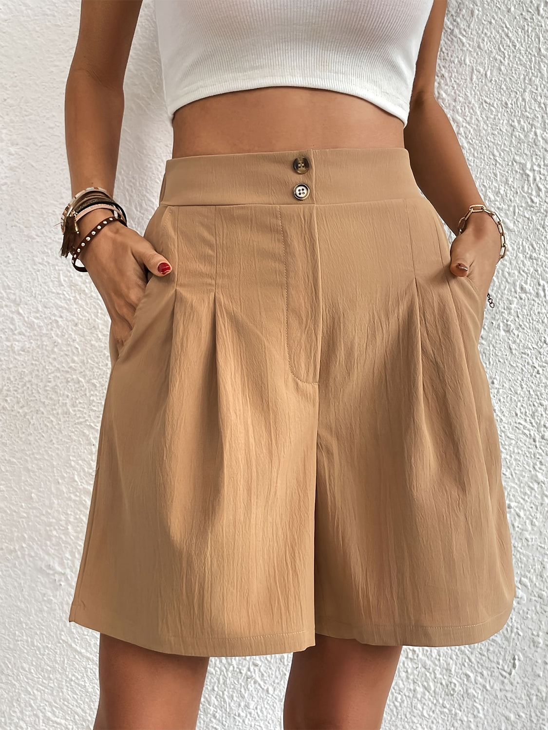 Pocketed Elastic High Waist Shorts