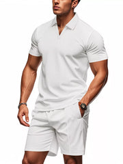 Men's Textured Short Sleeve Polo and Shorts Set