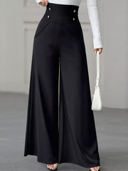 High Waist Wide Leg Button Decor Pants