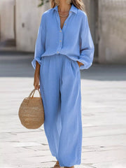 Full Size Loose Fit Shirt and Wide Leg Pants Set Plus Size
