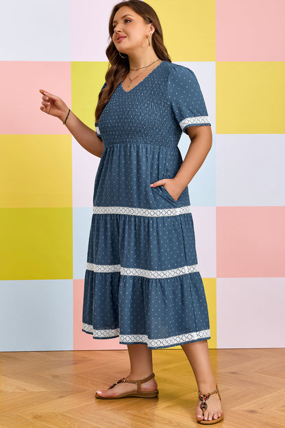 Plus Size Swiss Dot Lace Patchwork Detail Flared Midi Dress
