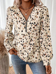 Leopard Print Zipper V-Neck Blouse
