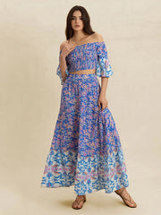 Smocked Off-Shoulder Printed Top and Skirt Set