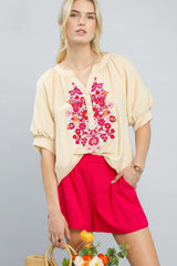 Umgee Embroidered Puff Sleeve Blouse