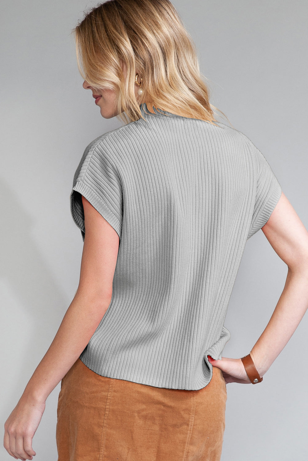 Patch Pocket Ribbed Knit Short Sleeve Sweater