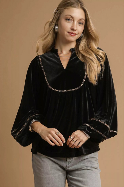 Velvet Contrast Trim Blouse