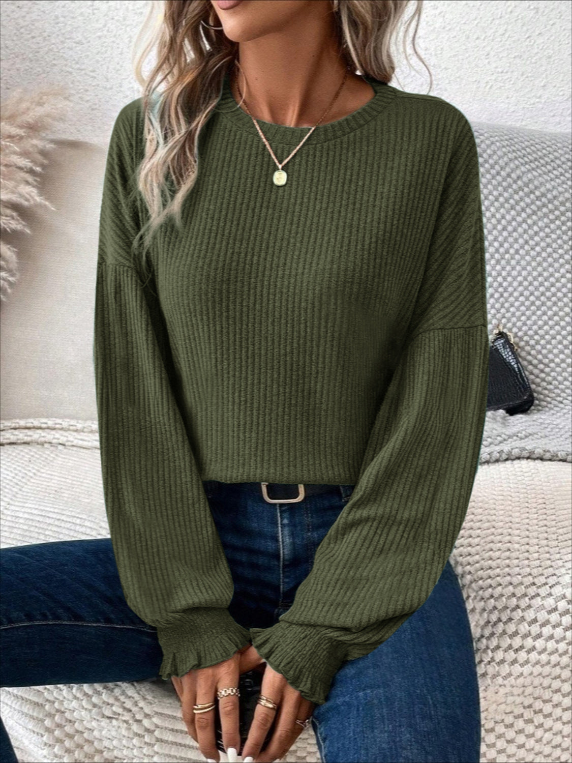 Ribbed Round Neck Lantern Sleeve Top