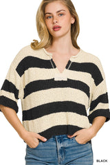 Zenana Split Neck Stripe Sweater